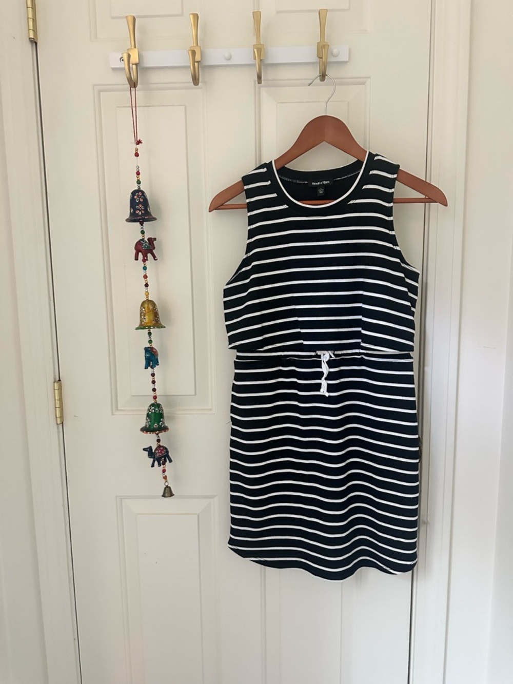 Girls' Black & White Striped Sleeveless Drawstring Dress